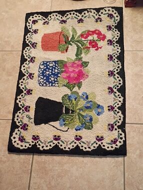 Hooked Floral Potted Plants Accent Door Mat - Cream, Black, Pink, Blue, Green